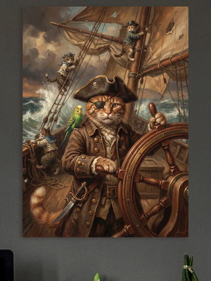 Pirate Cat Captain on a Ship — metal poster wall art by Lineer